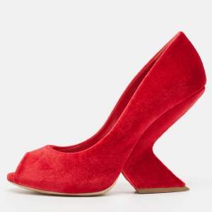 Dior Red Velvet Peep Toe Wedge Pumps Size 39