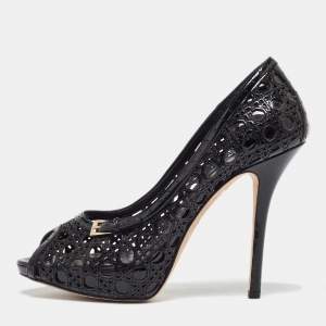 Pre Owned Dior Black Cannage Cut Out Patent Leather Miss Dior Peep Toe Platform Pumps Size 39