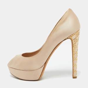 Dior Beige Satin Cannage Heel Peep Toe Platform Pumps Size 41.5