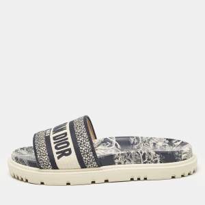 Dior Navy Blue/White Canvas Dway Flat Slides Size 35.5