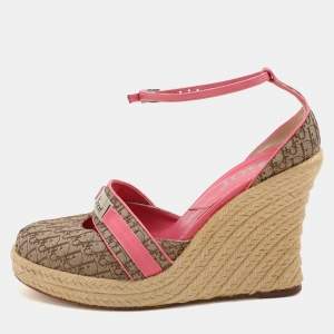 Dior Beige/Pink Canvas and Leather Wedge Espadrille Sandals Size 39