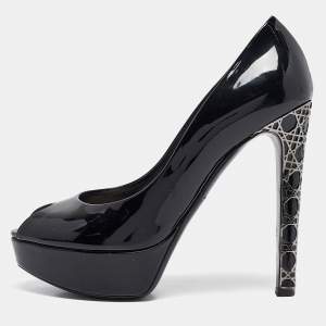 Dior Black Patent Leather Miss Dior Peep Toe Pumps Size 37.5