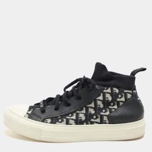 Dior Navy Blue/Beige Oblique Knit Fabric and Leather Walk'n'Dior Mid Top Sneakers Size 40.5