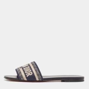 مملوكة مسبقًا Dior Navy Blue/White Canvas Dway Flat Slides Size 38