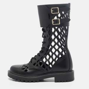 Dior Black Leather Laser Cut Accents Combat Boots Size 36.5