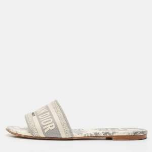 Dior Grey/White Embroidered Canvas Dway Flat Slides Size 38