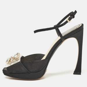 Dior Black Satin Crystal Embellished Ankle Strap Sandals Size 36
