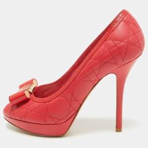 Dior Red Cannage Leather Bow Peep Toe Platform Pumps Size 37