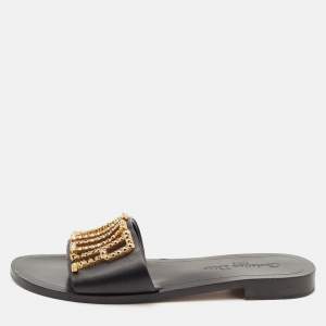 Dior Black Leather Crystal Embellished Diorevolution Flat Slides Size 38.5