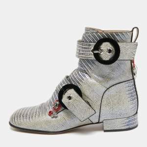 Dior Grey Lizard Embossed Leather Gatsby Jewel Combat Boots Size 36