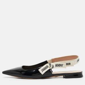 Dior Black Patent Leather J'Adior Slingback Flats Size 38