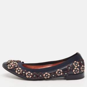 Dior Navy Blue Leather Cut Out Flower Embellished Ballet Flats Size 41
