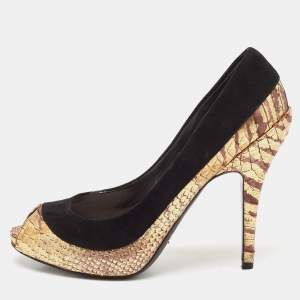 Dior Black/Gold Python Embossed Leather and Suede Peep Toe Pumps Size 37