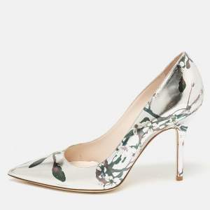 Pre Owned Dior Silver Floral Printed Leather Cherie Pumps Size 37.5