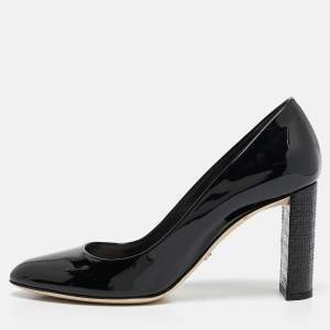 Pre Owned Dior Black Patent Leather Cannage Block Heel Pumps Size 37.5
