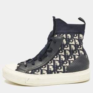 Pre Owned Dior Navy Blue Knit Fabric and Leather Walk'n'Dior Lace Up Sneakers Size 38.5
