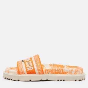 Dior Orange/White Embroidered Canvas Dway Flat Slides Size 37