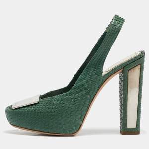 Dior Green Python Embellished Platform Slingback Pumps Size 39