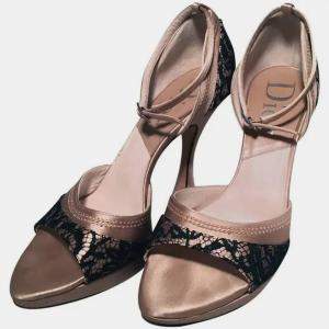 Christian Dior Blush Satin And Black Lace High Heel Ankle Strap Shoes Size 7