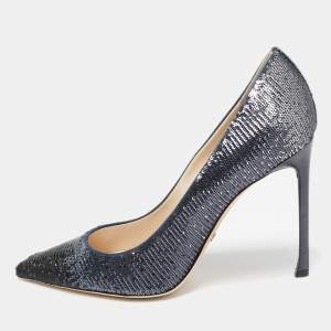Pre Owned Dior Metallic Navy Blue Sequin Pointed Toe Pumps Size 39.5