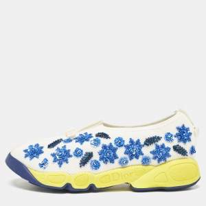 Dior White/Blue Mesh Embellished Fusion Sneakers Size 36