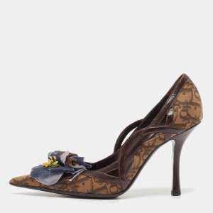 Dior Brown Oblique Canvas And Leather Floral Applique Pointed Toe Pumps Size 36