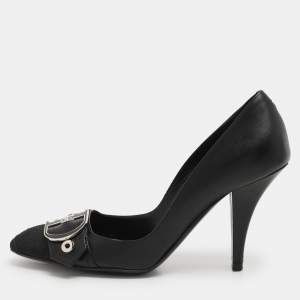 Dior Black Leather And Cannage Canvas Cap Toe D Buckle Pumps Size 36