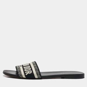 Dior Navy Blue/White Embroidered Canvas Dway Flat Slides Size 38