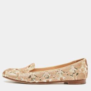 Dior Beige/Gold Sequin and Patent Leather Smoking Slippers Size 36