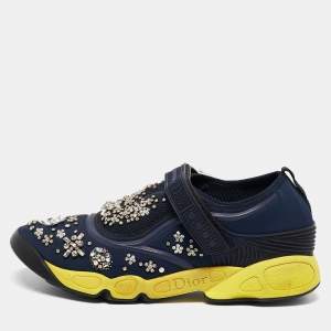 Dior Navy Blue Neoprene And Mesh Embellished Fusion Slip On Sneakers Size 40.5