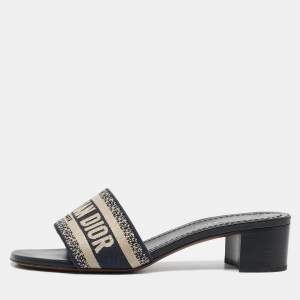 Dior Navy Blue Embroidered Canvas Dway Slide Sandals Size 37