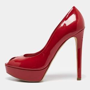 Dior Red Patent Leather Miss Dior Peep Toe Platform Pumps Size 39.5
