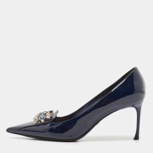 Dior Blue Patent Leather Crystal Embellished Pointed Toe Pumps Size 38.5