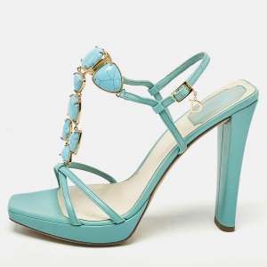 Dior Aqua Blue Piedra Jeweled Leather T-Strap Sandals Size 39