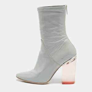 Dior Grey Patent Leather Clear Block Heel Mid Calf Boots Size 39