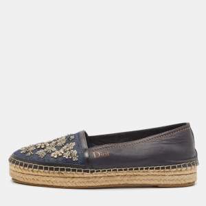 Dior Black/Blue  Denim and Leather Embellished Espadrille Flats Size 36.5