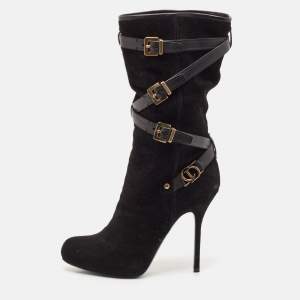 Dior Black Leather and Suede Buckle Mid Calf Boots Size 38.5