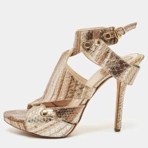 Dior Gold/Silver Python Leather Lasercut Ankle Strap Sandals Size 37.5       