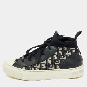 Dior Navy Blue Leather and Knit Fabric Walk n Dior High Top Sneakers Size 39