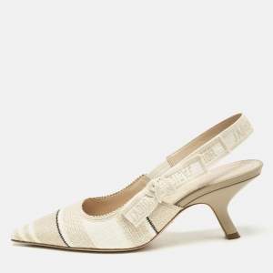 Dior Beige/White Canvas Striped Embroidered J'Adior Slingback Pumps Size 36