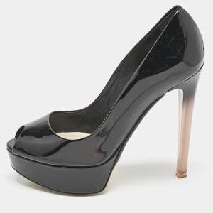 Dior Black Patent Leather Miss Dior Peep-Toe Ombre Lucite Heel Platform Pumps Size 35