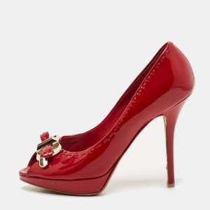 Dior Red Patent Leather Bow Chain Detail Peep Toe Pumps Size 38.5