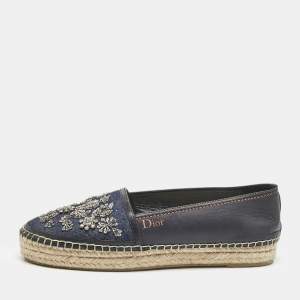 Dior Navy Blue Denim and Leather Embellished Espadrille Flats Size 38.5
