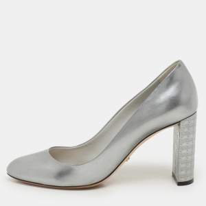 Dior Silver Leather Microcannage Block Heel Pumps Size 36.5