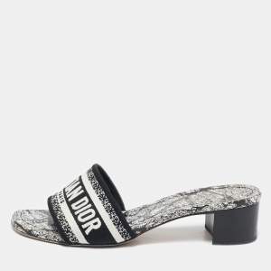 Pre Owned Dior Black/White Embroidered Canvas Dway Slide Sandals Size 37.5