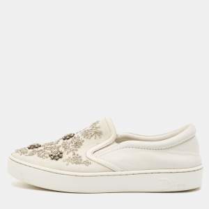 Dior White Denim And Leather Happy Crystal Embellished Slip On Sneakers Size 37