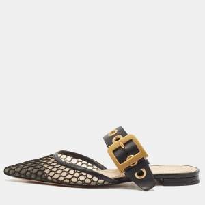 Dior Black Mesh and Leather Fishnet D-Dior Flat Mules Size 37.5