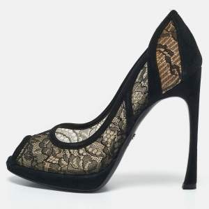 Dior Black Lace And Suede Scallop Peep Toe Pumps Size 37