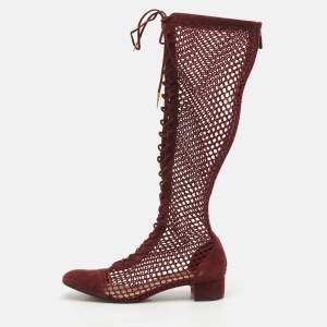 Dior Burgundy Mesh and Suede Naughtily D Knee Length Boots Size 39