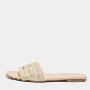 Pre Owned Dior Grey/Beige Embroidered Canvas Dway Flat Slides Size 38